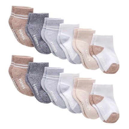 Chaussettes de cheville antidérapantes Hanes pour bébés et tout-petits, garçons et filles, lots multiples, blanc, gris chiné, bleu chiné, marron, kaki - Lot de 12, 6-12 mois