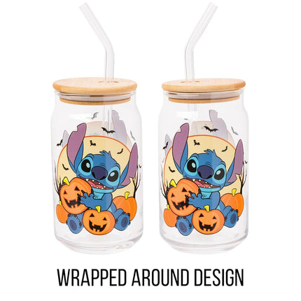 Silver Buffalo Disney Lilo and Stitch Halloween Spooky Pumpkin Patch Jack-O-Lantern Glass Jar Tumbler with Bamboo Lid and Glass Straw, 16 Ounces