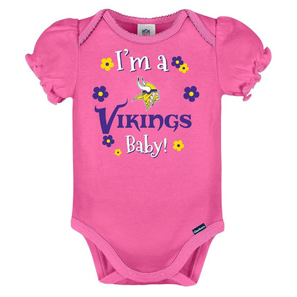 NFL Minnesota Vikings 3 Pack Ruffle Sleeve Team Bodysuit, Purple/White/Pink Minnesota Vikings, 6-12 Months