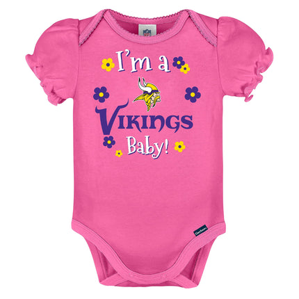 NFL Minnesota Vikings Paquete de 3 Bodys de Manga con Volantes del Equipo, Morado/Blanco/Rosa Minnesota Vikings, 6-12 Meses