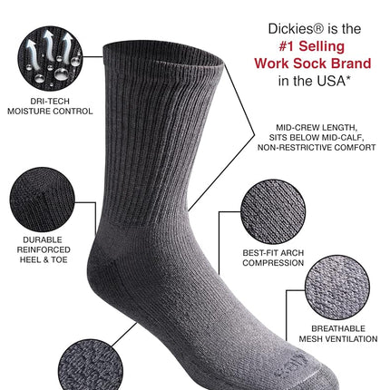 Dickies Men's Dri-Tech Moisture Control Mid-Crew Socks, Comfort Length Charcoal (6 Pairs), Shoe Size: 6-12