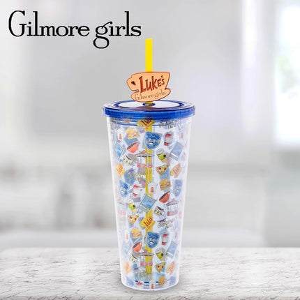 Silver Buffalo Gilmore Girls Plastic Cold Cup with Lid, Straw Topper, 24oz