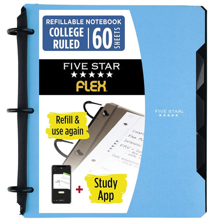 Classeur souple rechargeable 3 anneaux Five Star Flex + application d'étude, papier ligné, anneaux TechLock de 2,5 cm, poches, onglets et séparateurs, capacité de 200 feuilles, bleu (29328AD2)