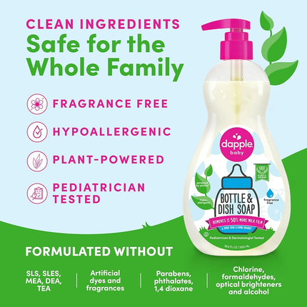 Dapple Baby, Bottle and Dish Soap Dish Liquid Plant Based Hypoallergenic 1 Pump Included Fluid Ounces Packaging May Vary, Fragrance Free, Fragrance Free, 50.7 Fl Oz, (Pack of 3)