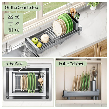 TOOLF Expandable Dish Rack, Compact Dish Drainer, Stainless Steel Dish Drying Rack with Removable Cutlery Holder, Anti Rust Plate Rack, Small Sink Drainer for Sink or Kitchen Countertop