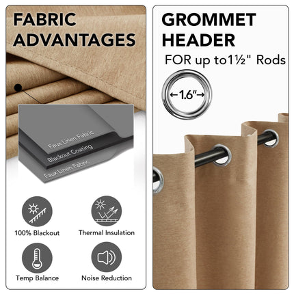 Deconovo 100% Blackout Lightweight Faux Linen Curtains for Bedroom Noise Reducing Thermal Insulated Window Curtains for Dining Room Living Room Office Baby Nursery,Khaki,52WX74L in,2 Panels