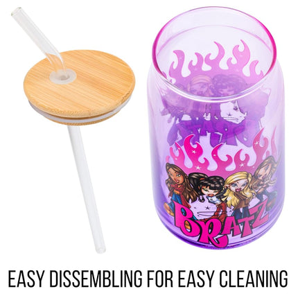 Silver Buffalo Bratz Group Shot Flames Ombre 16oz Glass Tumbler w Bamboo Lid and Glass Straw
