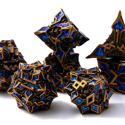Metal Dice for DND - Spire Sanctum Series (Antique Gold Blue Glitter)