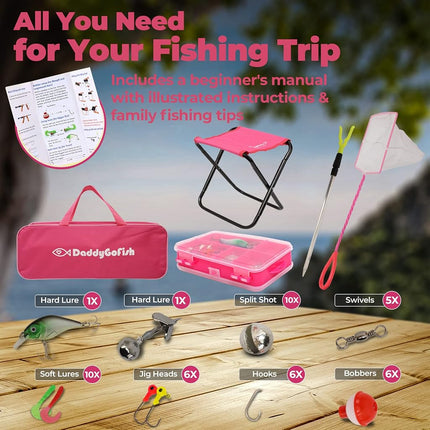 DaddyGoFish Kids Fishing Pole - Rod Reel Combo Tackle Box Starter Set - First Year Small Dock Gear Kit for Boys Girls Toddler Youth Age Beginner Little Children Junior Anglers (2 Pack Blue + Pink 4ft)