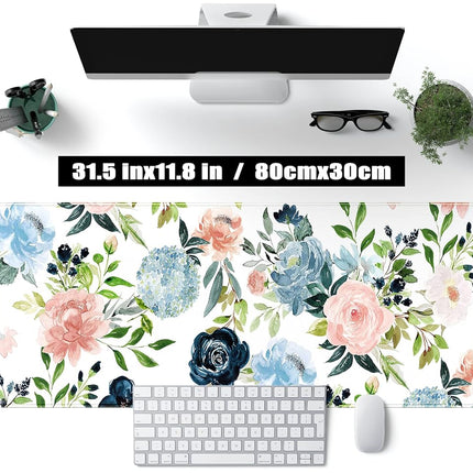 Teng DA Qing Gaming Green Desk Mat Mouse Pads Purple Blue Pink Floral Pad Large, XL Big Computer Keyboard with Stitched Edge for Women Home Office Decor Deskmat, 31.5x11.8x0.12 in (XCD-77)