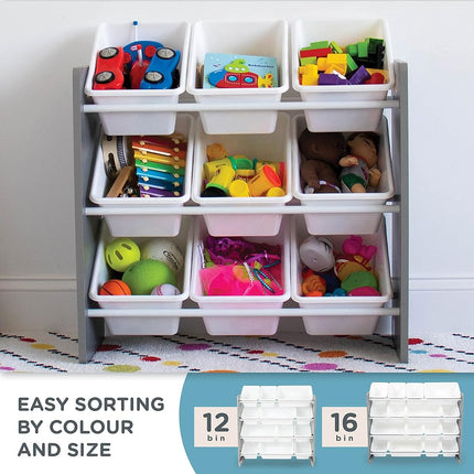Humble Crew Wooden Toy Storage Organiser for Children & Toddlers, with 9 BPA Free Plastic Removeable Storage Bins, Ideal for Storing Toys, Games, Books and Craft Supplies - Grey/White