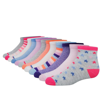 Hanes Calcetines Tobilleros de Moda para Niñas, Calcetines Suaves Estampados, Paquete de 12, Gris/Azul/Rosa/Lavanda, Mediano