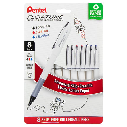 Pentel Floatune Rollerball, 0.8mm medium point, Black Red and Blue Ink, Pack of 8 pens (BY108PF8OFC)
