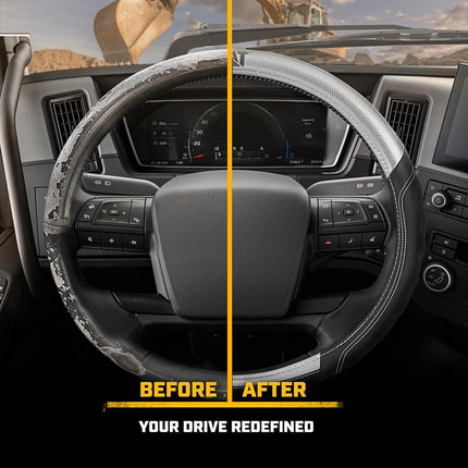 Funda de volante de cuero sintético gris/negro CAT® BigGrip, tamaño extragrande de 18 pulgadas, para vehículos recreativos y camioneros de plataforma, funda de volante para camiones de 18 ruedas