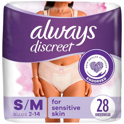 Always Discreet for Sensitive Skin Underwear, Four Times Skin Protection, Dermatologically Tested, Fragrance-Free, Maximum Absorbency, Small/Medium, 28 Count
