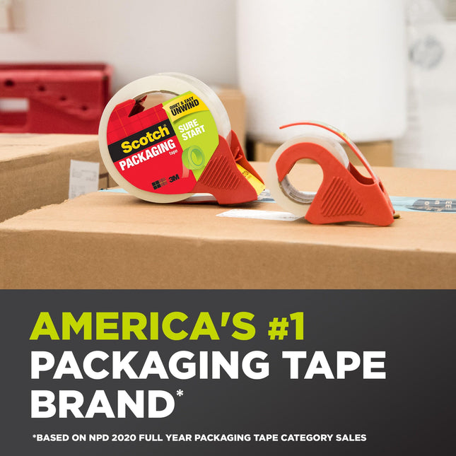 Scotch Sure Start Shipping Packaging Tape, 1.88" x 22.2 yd, Designed for Packing, Shipping and Mailing, Quiet Unwind, No Splitting or Tearing, 1.5" Core, Clear, 6 Dispensered Rolls (145-6)