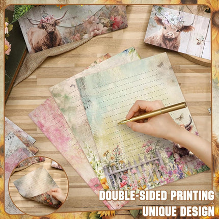 TaoBary 160 Pcs Floral Highland Cow Stationery Paper and Envelopes Set