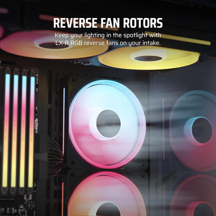 Corsair iCUE LINK LX120-R RGB 120mm PWM Reverse Fans – Triple Fan Kit – Low-Noise, Magnetic Dome Bearing, Dual Light Loops, QuikTurn™ Screws, Zero RPM Mode – Black