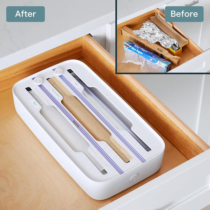 YouCopia Drawer Foil, Plastic Wrap, Parchment and Wax Paper with Safety Cutters and Labels for Kitchen Organization, 3-in-1, Speckled White