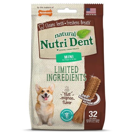 Nylabone Nutri Dent Dog Dental Chews - Natural Dog Teeth Cleaning & Breath Freshener - Dental Treats for Dogs - Filet Mignon Flavor, Mini (32 Count)