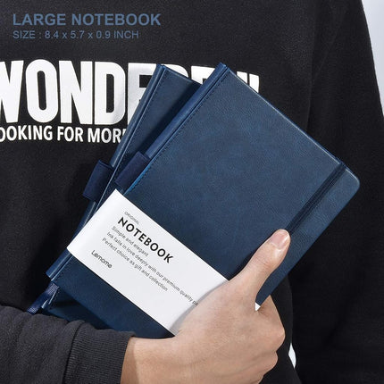 Lemome Thick Classic Notebook with Pen Loop A5 Wide Ruled Hardcover Writing Notebook with Pocket + Page Dividers Gifts, Banded, Large, 180 Pages, 8.4 x 5.7 in