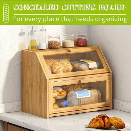 BMOSU Farmhouse Bread Box for Kitchen Countertop Bread box Double Layer Bamboo Wooden Extra Large Capacity Bin Kitchen Food Storage Container(Natural)