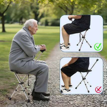 FATTCHIAR Cane with Seat, Cane Chair Capacity 330lbs, Adjustable Height Folding Lightweight Walking Stick with Seats, Portable Stool for Adults Seniors Hiking Camping-Black 22-34"/2.0lbs