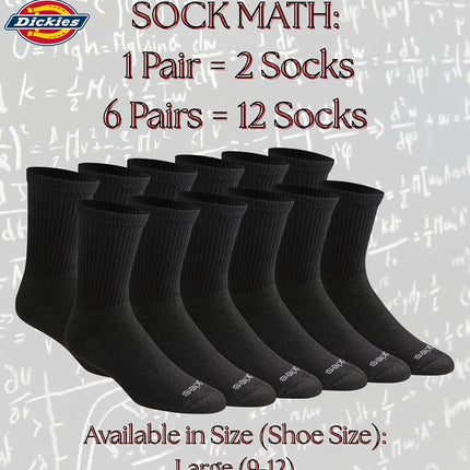 Dickies Men's Dri-Tech Mid-Crew Comfort Length Moisture Control Socks, Multipack, Comfort Length Black Solid (6 Pairs), Large