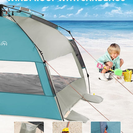 OutdoorMaster Pop Up Beach Tent for 4 Person - Easy Setup and Portable Beach Shade Sun Shelter Canopy with UPF 50+ UV Protection Removable Skylight Family Size - Cancun Seashore
