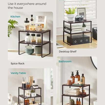 SONGMICS Cabinet Shelf Organizer, Set of 2 Metal Kitchen Counter Shelves, Stackable, Expandable Brown