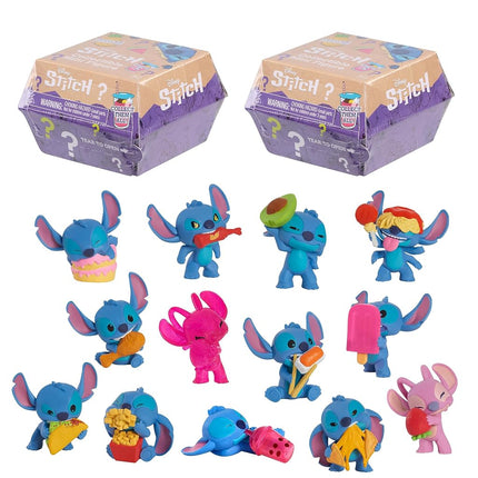 Disney Stitch Blind Mini Figures 2-Pack, 2-inch Collectible Figurines and 2 Reusable Burger Boxes, Kids Toys for Ages 3 Up