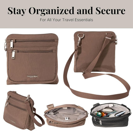 Baggallini Securtex Anti-Theft Crossbody 8.25" Small / 10" Large Travel Purse with RFID Card Slots & Cut-Resistant Strap, Portobello, Small 8.25"w x 8.25"h