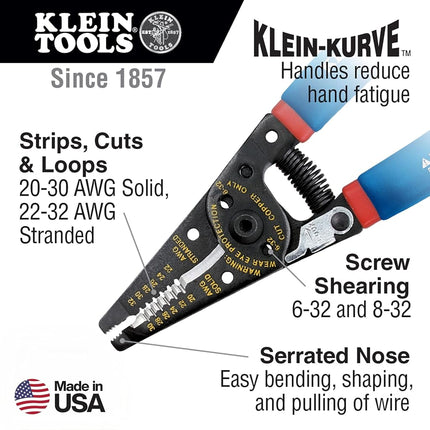 Klein Tools 11057 Wire Cutter/Wire Stripper, Heavy Duty Wire Cutter Stripper for 20-30 AWG Solid Wire and 22-32 AWG Stranded Wire
