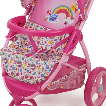 Baby Alive: Cochecito para muñecas – Rosa y arcoíris – Se adapta a muñecas de hasta 61 cm, capota retráctil, barra de seguridad delantera, ruedas giratorias, arnés de seguridad, juego de imitación para niños a partir de 3 años