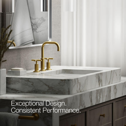 Grifo de lavabo de baño Purist KOHLER K-14406-3-2MB, manijas cruzadas bajas extendidas y caño de cuello de cisne bajo, latón moderno cepillado vibrante