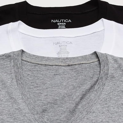 Nautica Men's Cotton V-Neck T-Shirt-Multipack, New White/Black/Heather Grey - 3 Pack, XL