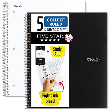 Five Star Spiral Notebooks Plus Study App, 2 Pack, 5 Subject, College Ruled Paper, 11" x 8-1/2", 200 Sheets, Black & White (73035)
