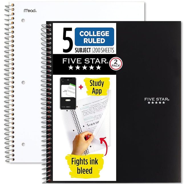 Five Star Spiral Notebooks Plus Study App, 2 Pack, 5 Subject, College Ruled Paper, 11" x 8-1/2", 200 Sheets, Black & White (73035)