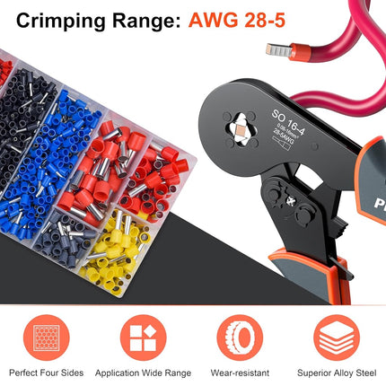 Preciva Ferrule Crimping Tool Kit, Square Crimping Tools, Ratchet Jaw Wire Crimping Pliers for AWG 28-5 with 1200 PCS Terminal Connector Sleeves