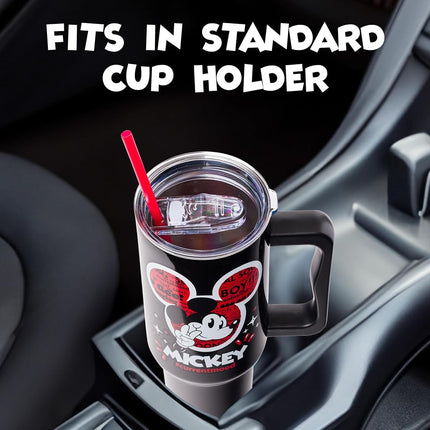 Silver Buffalo Disney Classic Mickey Mouse Hashtag Current Mood �#currentmood� Stainless Steel Tumbler with Handle and Straw, Fits in Standard Cup Holder, 40 Ounces