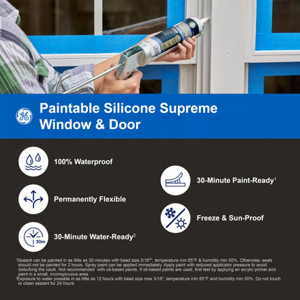 Sellador de silicona pintable GE Supreme para ventanas y puertas - Sellador de silicona 100% impermeable, 7 veces más fuerte, resistente a la congelación y al sol - 9.5 fl oz, blanco, paquete de 12