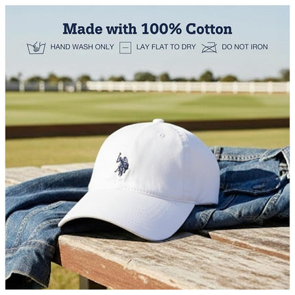 U.S. Polo Assn. Polo Pony Logo Baseball Hat, 100% Cotton, Adjustable Cap, White