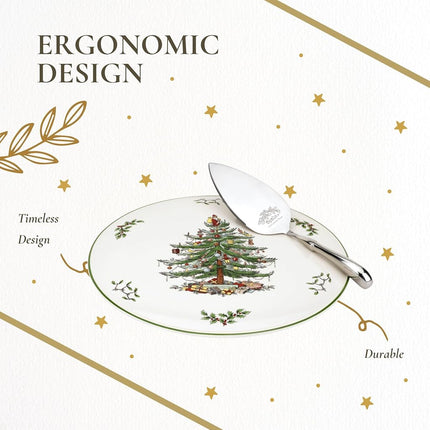 Spode Christmas Tree Cake Plate & Server Set - 11.5 Inch Fine Porcelain Cake Plate with Stainless Steel Server for Holiday Parties - Festive Christmas Tableware, Seasonal Dinnerware