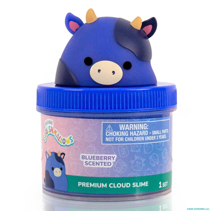 Original Squishmallows Ingrid The Cow Premium Cloud Slime, Blueberry-Scented, 8 oz., Storage Container with Figurine Topper, Rubber Charm, Goodie Bags Stuffers, Kids Party Favors, Sensory Toys