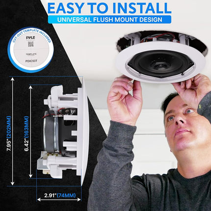 Ceiling and Wall Mount Speaker - 5.25” 2-Way 70V Audio Stereo Sound Subwoofer Sound with Dome Tweeter, 300 Watts, In-Wall & In-Ceiling Flush Design for Home Surround System - Pyle PDIC53T (White)