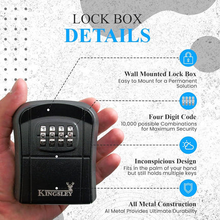 Kingsley QCH-807 Key Storage Box, Wall Mounted, Resettable Code, Water Resistant Realtor Key Lock Box for AirBnB, Spare Keys, Home, Apartment
