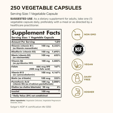 Solgar - B-Complex "100" Vegetable Capsules 250 Count