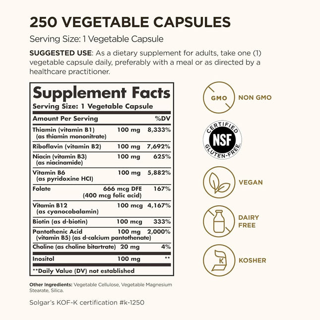 Solgar - B-Complex "100" Vegetable Capsules 250 Count