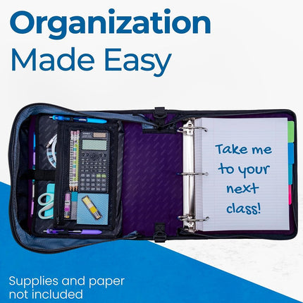 Case-it Mighty Zip Tab School Zipper Binder | 3-Inch O-Rings, 600-Sheet Capacity, 5-Subject Expanding File Folder, Multiple Pockets & Storage Organizer, Shoulder Strap | D-146 Purple Eclipse