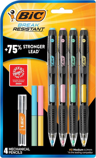 Bic Break-Resistant Mechanical Pencils with Erasers, No. 2 Medium Point (0.7mm), 4-Count Pack Pencils for School or Office Supplies